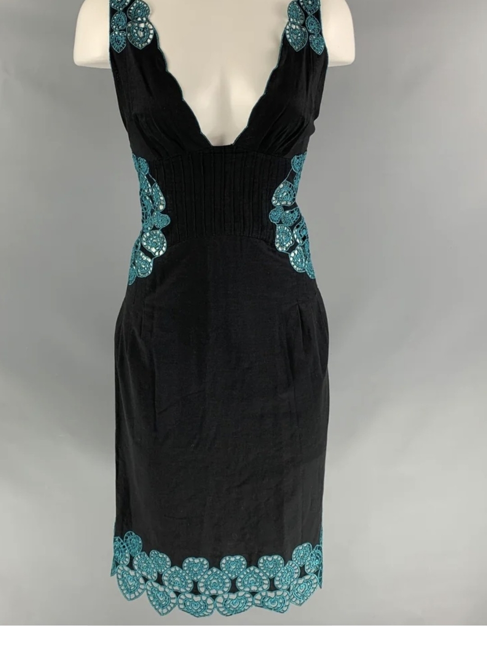 Catherine Malandrino NWT Black & Turquoise Cotton Embroidered Dress 2
